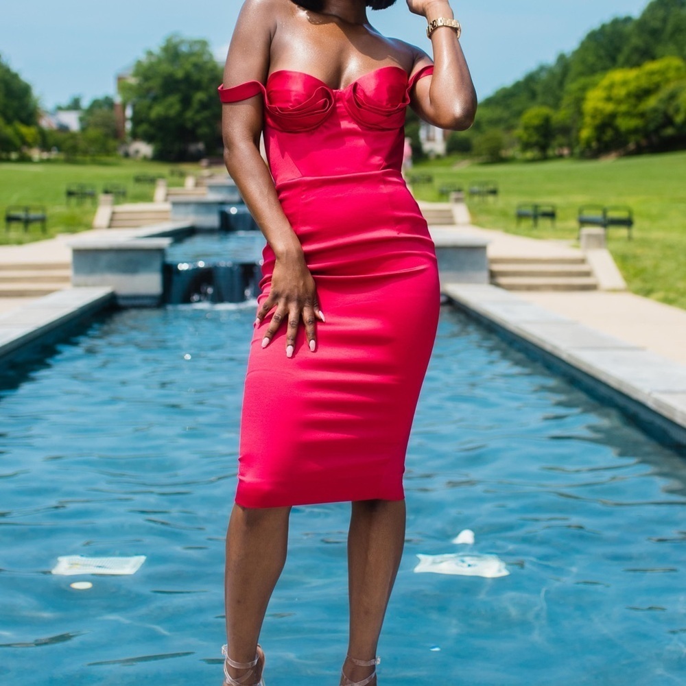 House of CB Charlotte Red Satin Midi Dress with Slit